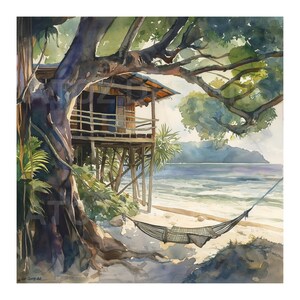 Waterkleurenafbeelding van een strandboomhut, 10 verschillende JPEG-afbeeldingen, perfect voor clipart, decoupage of voor elk knutselproject