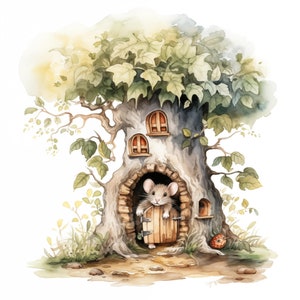 Piccola casa sull'albero per un topo, disegni clipart ad acquerello di simpatici topi nelle loro case sugli alberi, 10 diverse immagini jpeg per il download immediato