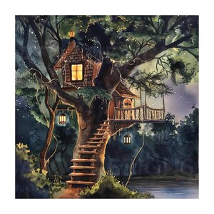 Aquarelafbeelding van een boomhut 's nachts, 10 verschillende JPEG-afbeeldingen, perfect voor clipart, decoupage of voor elk knutselproject