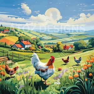 Clipart de ferme de campagne pour enfants avec moutons, vaches, poulets dans un paysage plat, 10 images jpeg, téléchargement numérique, Set numéro 2