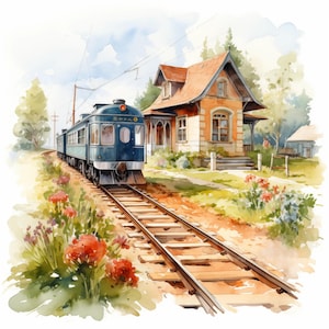 Immagine ad acquerello Stazione ferroviaria di campagna, stile vintage, 10 diverse immagini jpeg perfette per clipart, decoupage o per qualsiasi progetto artigianale