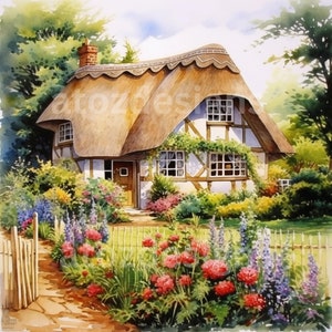 Aquarel landschap Engels landhuis, 10 verschillende jpeg-afbeeldingen, perfect voor clipart, decoupage of voor elk knutselproject