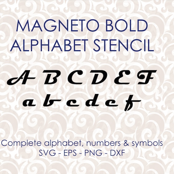 Bold italic style vector stencil with complete alphabet of upper/lowercase, numbers & symbols - Svg png dxf and jpeg digital cutting files