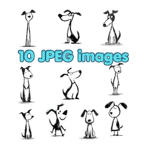 May include: A collection of ten black and white hand-drawn illustrations of dogs in various poses and expressions, arranged in a grid. The text 10 JPEG images is displayed in light blue with a dark outline in the center of the graphic.