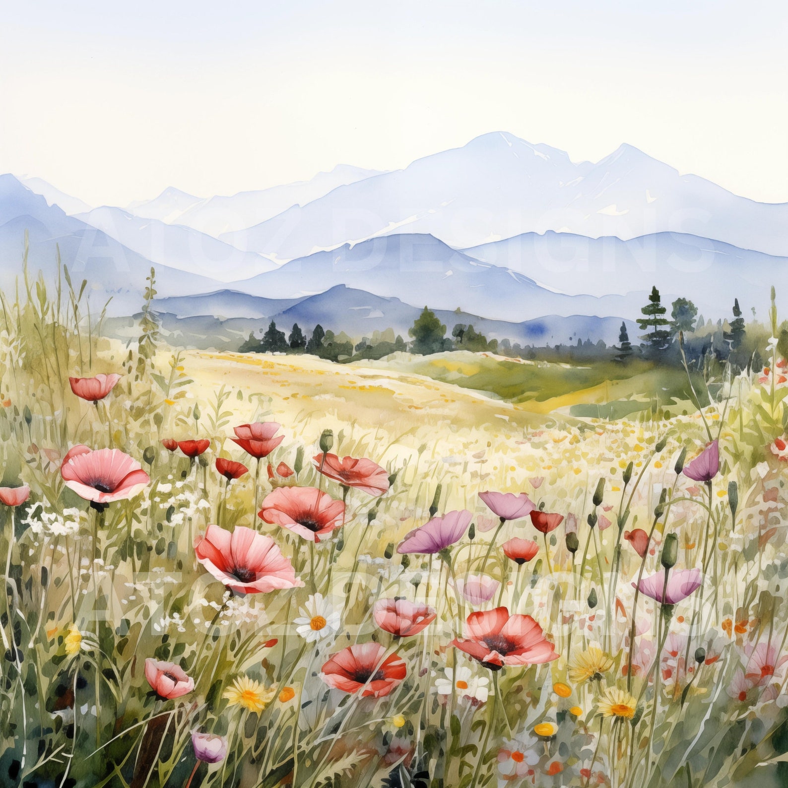 Watercolor Wildflower Field Clipart, Meadow Landscape (digital Download ...