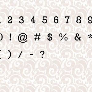 Puede incluir: Imagen en blanco y negro de los n&uacute;meros del 1 al 9, signos de puntuaci&oacute;n y s&iacute;mbolos. La imagen est&aacute; sobre un fondo blanco con un patr&oacute;n de espiral.