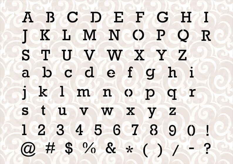 Puede incluir: Gr&aacute;fico de fuente de alfabeto y n&uacute;meros en blanco y negro con s&iacute;mbolos que incluyen el s&iacute;mbolo arroba, el signo de n&uacute;mero, el signo de d&oacute;lar, el signo de porcentaje, el ampersand, el asterisco, los par&eacute;ntesis, la barra diagonal, el guion y el signo de interrogaci&oacute;n.