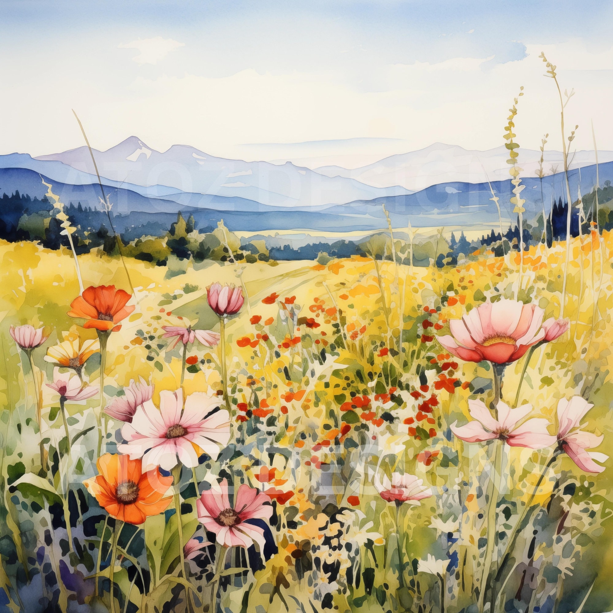 Watercolor Wildflower Field Clipart, Meadow Landscape (digital Download ...