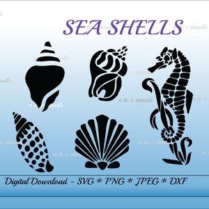 May include: Black seashell and seahorse stencils on a blue gradient background. The image includes the text "SEA SHELLS" in purple and "Digital Download - SVG * PNG * JPEG * DXF".