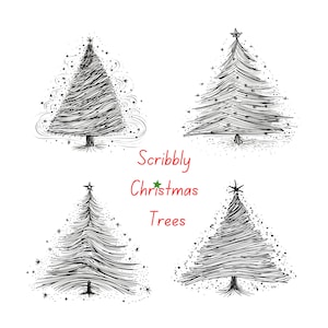 May include: Four black and white scribbled Christmas tree illustrations on a white background. Each tree has a unique design, with star toppers and varying amounts of detail. The text "Scribbly Christmas Trees" is in red and green.