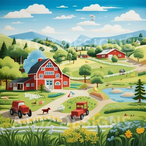 Clipart de ferme de campagne pour enfants avec des moutons, des vaches, des poulets dans un paysage plat, 10 images jpeg, téléchargement numérique, ensemble numéro 1