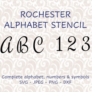 Classic script style letter vector stencil complete alphabet upper/lowercase, numbers & symbols Svg png dxf eps digital cutting files #138