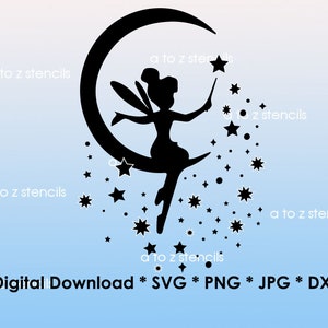 Fairy clipart sitting on the moon surrounded by stars,  SVG PNG DXF Jpeg Cricut Silhouette instant digital download