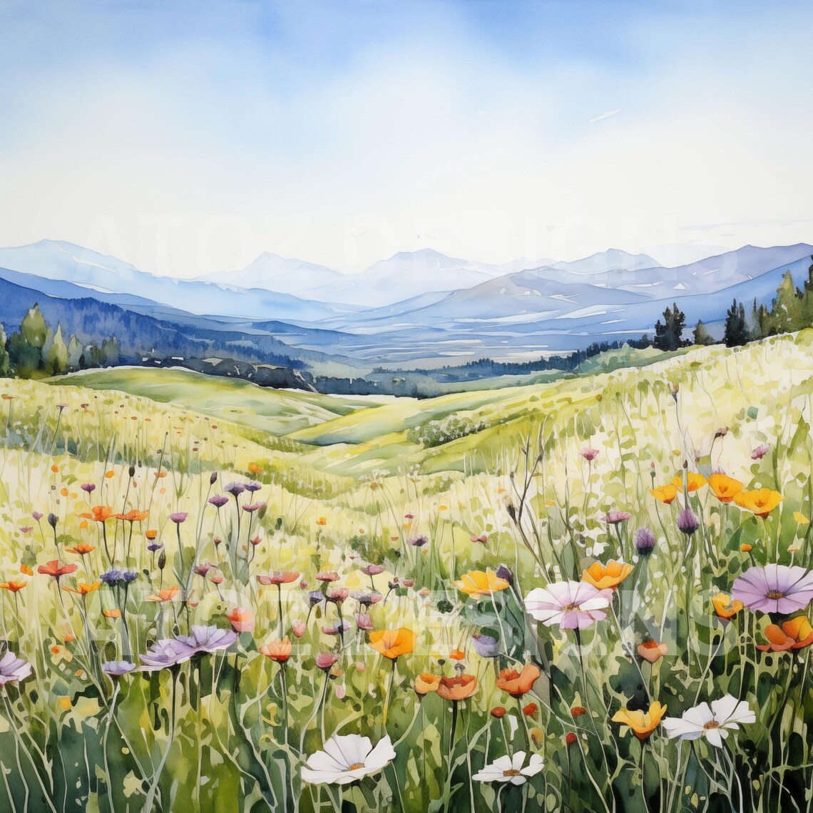 Watercolor Wildflower Field Clipart, Meadow Landscape (digital Download ...