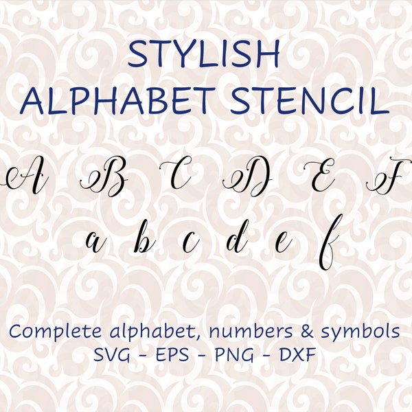 Modern italic letter vector stencil with complete alphabet upper/lowercase, numbers & symbols - Svg png dxf eps digital cutting files #266