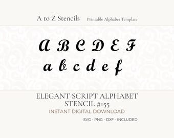 Plantilla digital elegante y reutilizable en cursiva, lista para imprimir con láser, con letras completas del alfabeto en formato PNG, SVG y DXF.