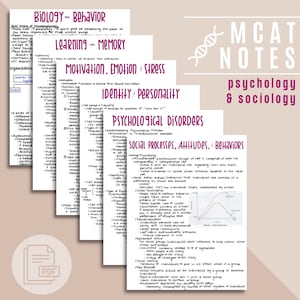 以下が含まれることがあります： MCAT 試験のための心理学と社会学に関する手書きのノートです。ノートには、生物学と行動、学習と記憶、動機付け、感情、ストレス、アイデンティティ、パーソナリティ、精神障害、社会プロセス、態度、行動などのトピックが含まれています。ノートは、各トピックのタイトルとサブタイトルで明確かつ簡潔に整理されています。