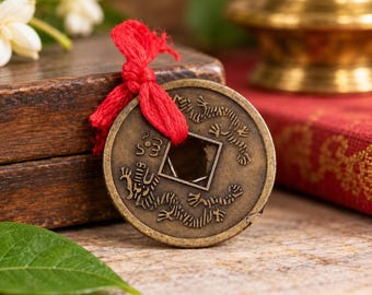May include: A round bronze-coloured metal coin with a square hole in the centre, featuring embossed dragon motifs on its surface. A bright red knotted string is looped through the square opening at the top of the coin, providing a contrast in colour.