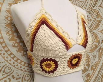 Handmade Sunflower Crochet Crop Top | Festival Rave Wear