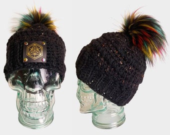 Handmade Crochet Pom Pom Beanie | Black Vegan Yarn, Faux Fur