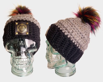 Crochet Pom Pom Beanie | Black Vegan Yarn, Faux Fur