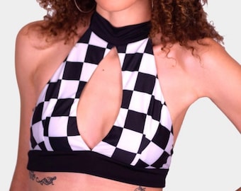 Handmade Checkered Halter Crop Top | Peak-A-Boo Festival Clothing