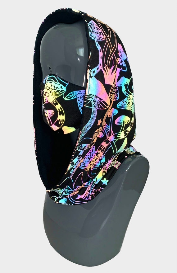 Reflective Festival Hood | Reversible Mushroom Hood |  Face Mask | Rave Mask | Rave Hood | Festival Hood | Ninja Hood | Face Hood