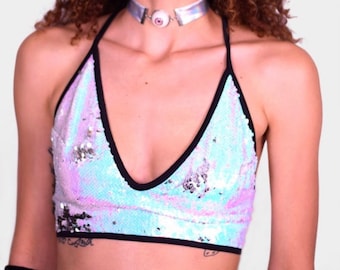 Sequin Crop Top | Rave Top | Reversible Sequin Top | Glitter Rave Top | Bling Halter Top | Backless Top
