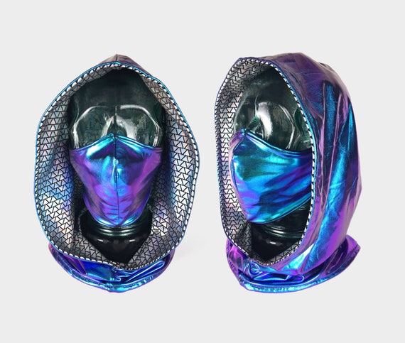 Handmade Iridescent Reversible Festival Hood Reversible Silver Holographic Festival Hood With Black  main image 3