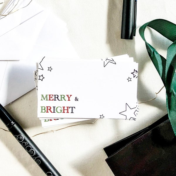 25 little Christmas cards merry and bright, mini flat Christmas card set with envelopes, Christmas gift tags, Christmas notes