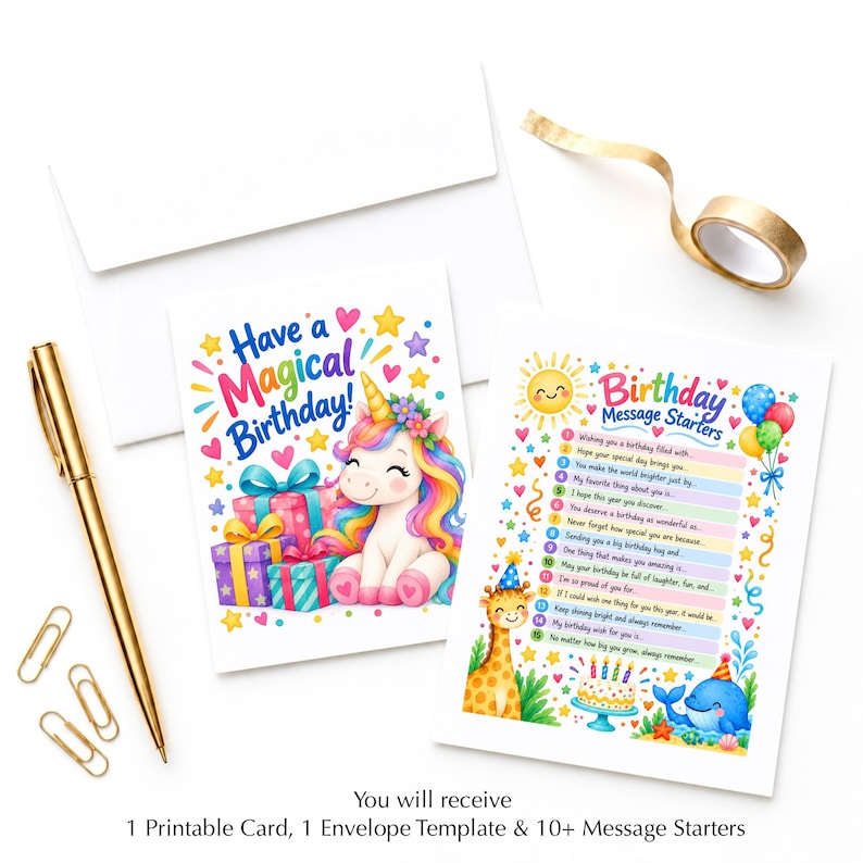 Unicorn Kids Birthday Card With Envelope Template & 10+ Message ...