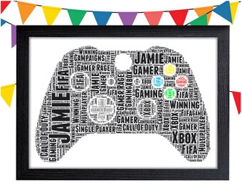 Personalised Word Art Gift Gamer Games Controller For Wall Prints Decor