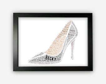 Personalised High Heel Shoe Beauty Gift Word Art Wall Room Decor Prints NP024