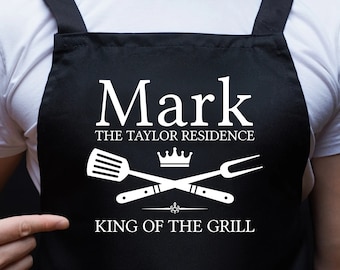 Mens Apron Personalised Gift - Fathers Day Gift for Dad Barbecue BBQ Cooking Apron - BBQ King of the Grill - Grilling Apron Gift Idea AP041