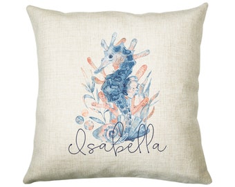 Personalised Seahorse Cushion Gift Printed Name Design - Nautical Sea Horse Throw Pillow Gift For Her Mum Gift Christmas Gift CS206