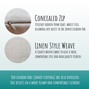May include: Close-up of a white linen cushion cover with a concealed zipper. The text "CONCEALED ZIP" and "LINEN STYLE WEAVE" is visible. The text reads: "Stylishly hidden from sight, whilst still allowing easy access to the inner cushion pad." and "A tightly woven fabric to give a thick, comfortable feel and high quality finish."
