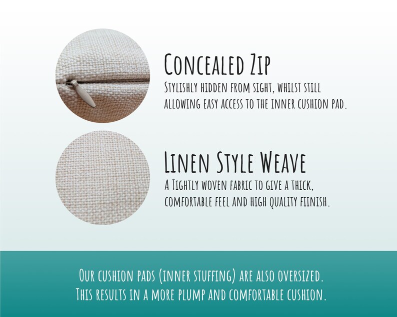 May include: Close-up of a white linen cushion cover with a concealed zipper. The text "CONCEALED ZIP" and "LINEN STYLE WEAVE" is visible. The text reads: "Stylishly hidden from sight, whilst still allowing easy access to the inner cushion pad." and "A tightly woven fabric to give a thick, comfortable feel and high quality finish."