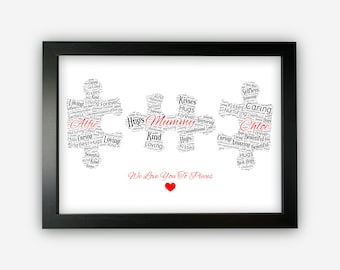 Personalised Mothers Day Gift Puzzle Piece Word Art Gift For Mum Mummy From Kids - Mothers Birthday Gift Word Art Wall Room Prints SC0124