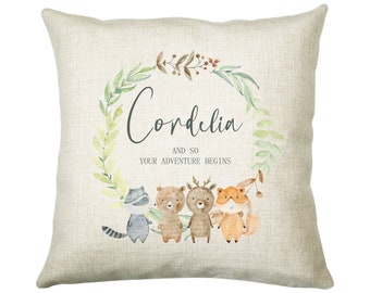 Personalised Baby Cushion New Baby Gift Woodland Animal Printed Name Design - Pillow Gift For Girls Boys Nursery Bedroom Decor Gift CS243