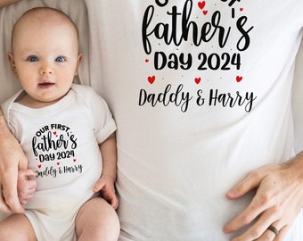 Matching First Fathers Day T Shirt and Babygrow Baby Vest - Our First Fathers Day Gift For Dad - Matching Design for Dad and Baby NB037