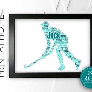 Regalo personalizado e imprimible de hockey sobre césped con palabras artísticas, regalos deportivos, impresiones para jugadores de hockey, impresiones de pared, descarga digital, regalo de pelota DDNP189