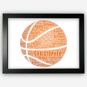 May include: Framed print featuring a basketball design composed of basketball-related words in orange. The words include "Christopher", "Defense", "3 Points", and "Dribble". The print is in a black frame.