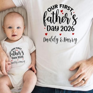 Matching First Fathers Day T Shirt and Babygrow - Our First Fathers Day 2026 Gift For Dad - Matching Design for Dad and Baby NB037