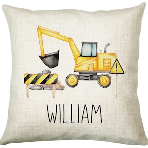 Personalised Digger Cushion – Boys Nursery Decor, Construction Theme CS508