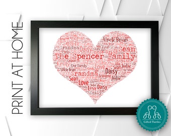 Puede incluir: Una nube de palabras en forma de corazón rojo con el texto "The Spencer Family" en el centro. La nube de palabras está rodeada de nombres como "Sean", "Daisy", "Julie", "Caspian", "Grandma" y "Love".
