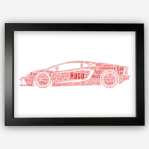 May include: A red word cloud shaped like a sports car with the word "HUGO" in the centre. The word cloud includes words such as "fast", "super car", "lamborghini", "style", "speed", and "flash".