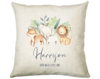 Personalised Baby Animal Cushion New Baby Gift  Printed Name Design - Pillow Gift For Girls Boys Safari Nursery Bedroom Decor CS290