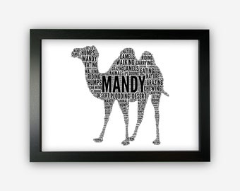 Personalised Camel Gifts Word Art Wall Print - Desert Horse Gifts Wall Decor Custom Word Cloud Wall Art A3 A4 A5 8x10 Print GC1510