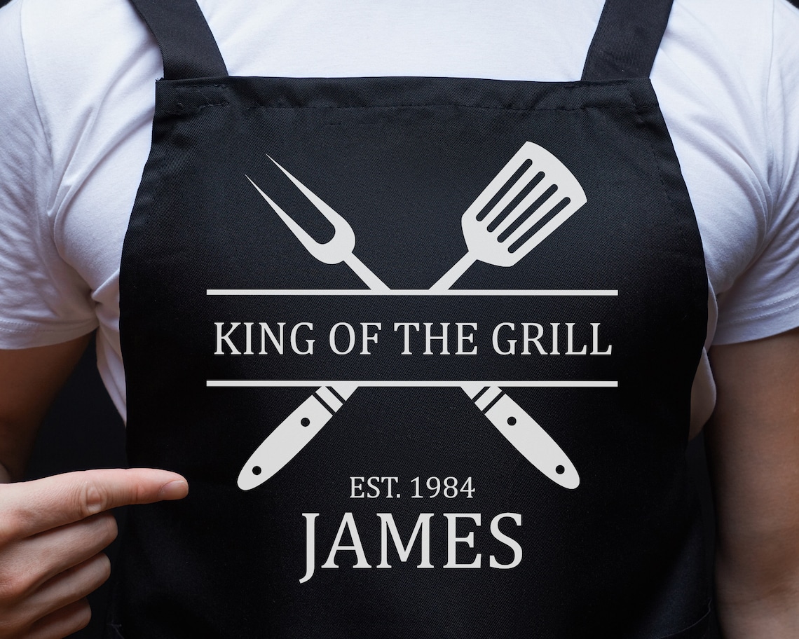 Custom Mens King of the Grill BBQ Cooking Apron Personalized With Name and Established Year as Great Gifts For Men