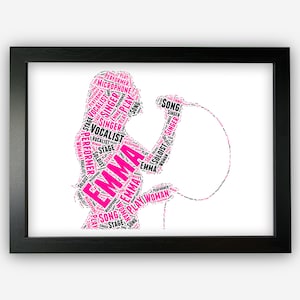 May include: A pink word cloud in the shape of a woman singing into a microphone. The words include "singer", "vocalist", "stage", "play", "song", and "Emma".